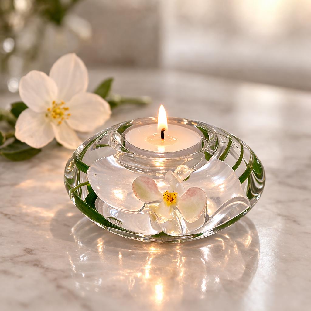 Emilio Robba White Orchid Resin Tea Lite Holder, Lifelike Floral