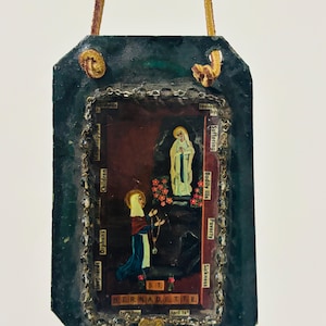 Hand Painted Tin Retablo St Bernadette Mexican Folk Art Wall Shrine Deco