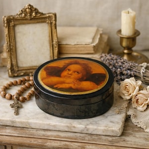 Vintage Raphael Cherub Trinket Box, Oval Angel Jewelry Keepsake Box