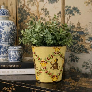 Vintage Hand Painted Tole Cachepot Planter | Monkey & Floral Metal Cache Pot | Hollywood Regency Chinoiserie Decor | 6 Inch Planter