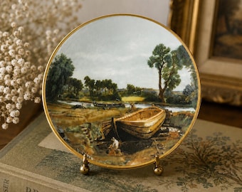 Vintage Crown Staffordshire miniatuur landschapsbord 3" | Engelse Bone China gouden rand bootscène | Poppenhuis- en verzameldecor