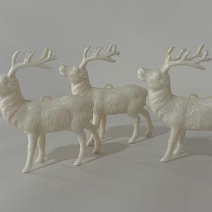 3 Vtg MCM White Celluloid Hard Plastic Reindeer  Stags Christmas Tree Ornaments