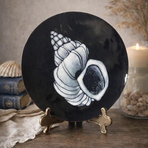 Jane Hammel Enamel Plate, Hand Painted Seashell Art, Black White Tropical Decor