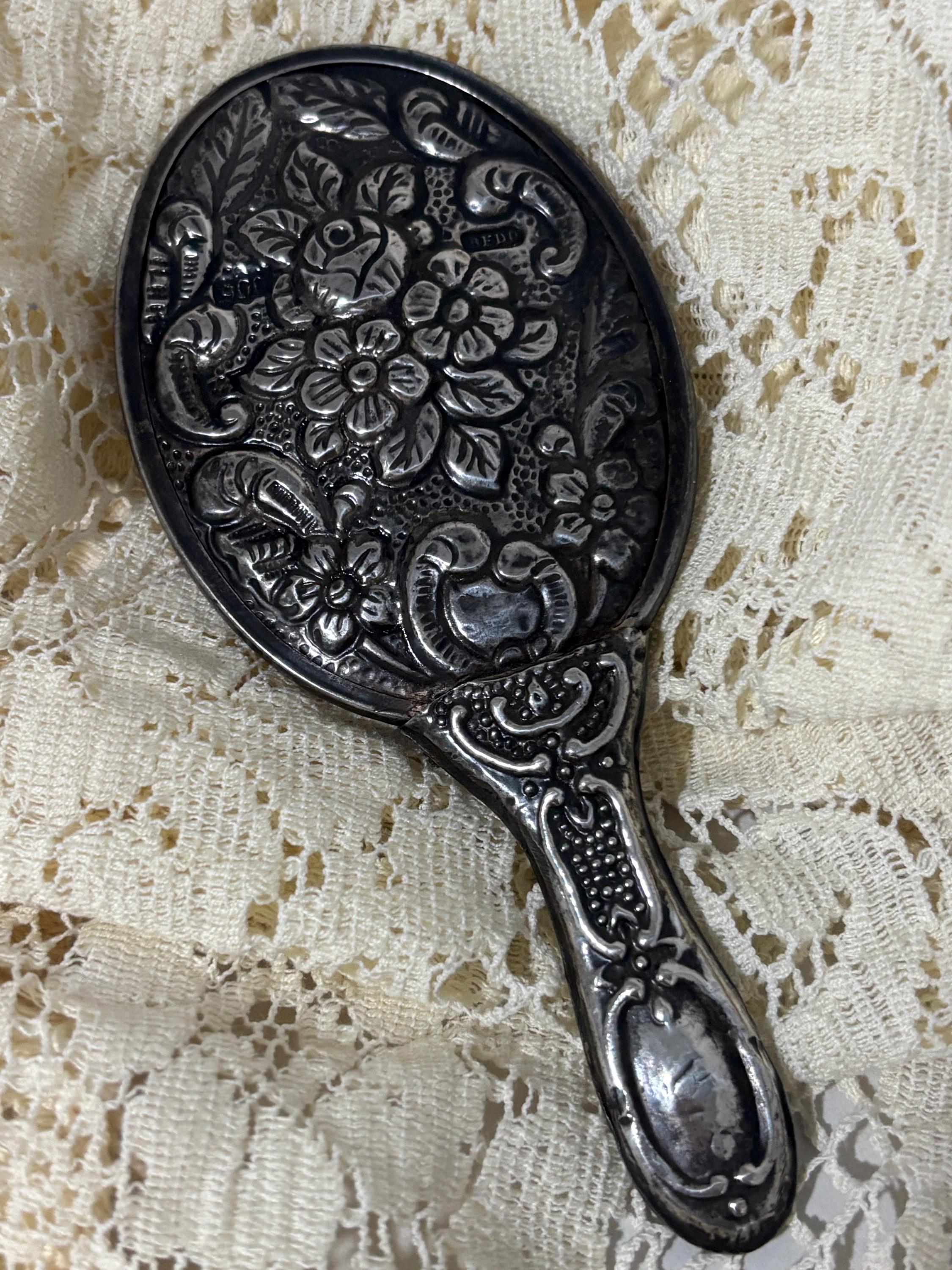Vintage Bedo 900 Silver Hand Mirror • Floral Repoussé • 5” Oval