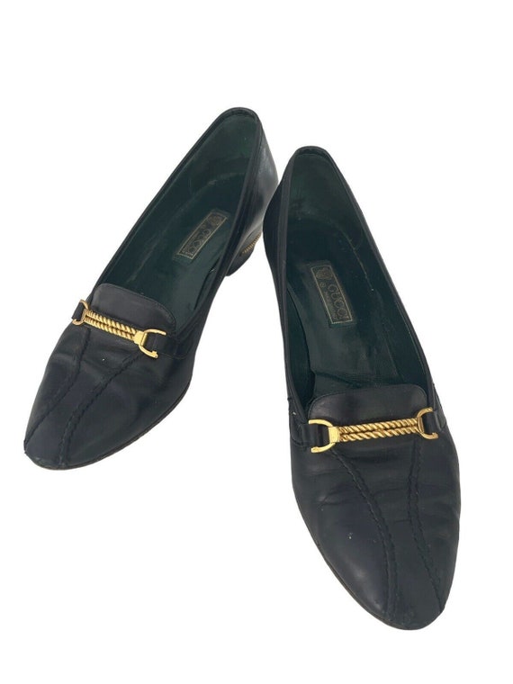 Vtg Gucci Womens Black Loafer Stacked Heel Gold Ch