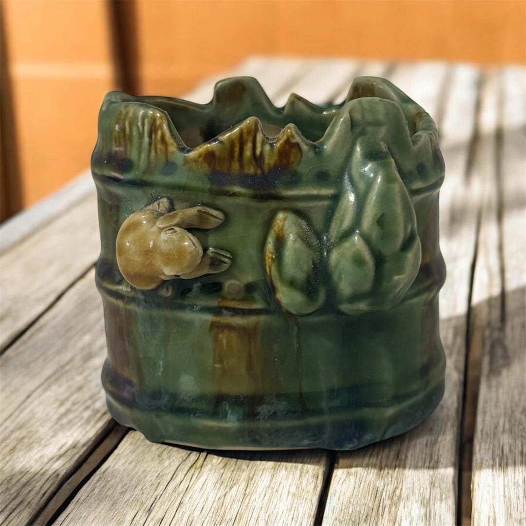 Vtg Majolica Pottery Planter Green Ceramic Bamboo Planter Small Planter ...