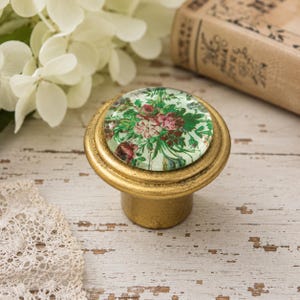 Vintage Floral Glass Cabinet Knob 1.5” | Gold Gilt Drawer Pull | Cottagecore Furniture Hardware | Shabby Chic Dresser Knob