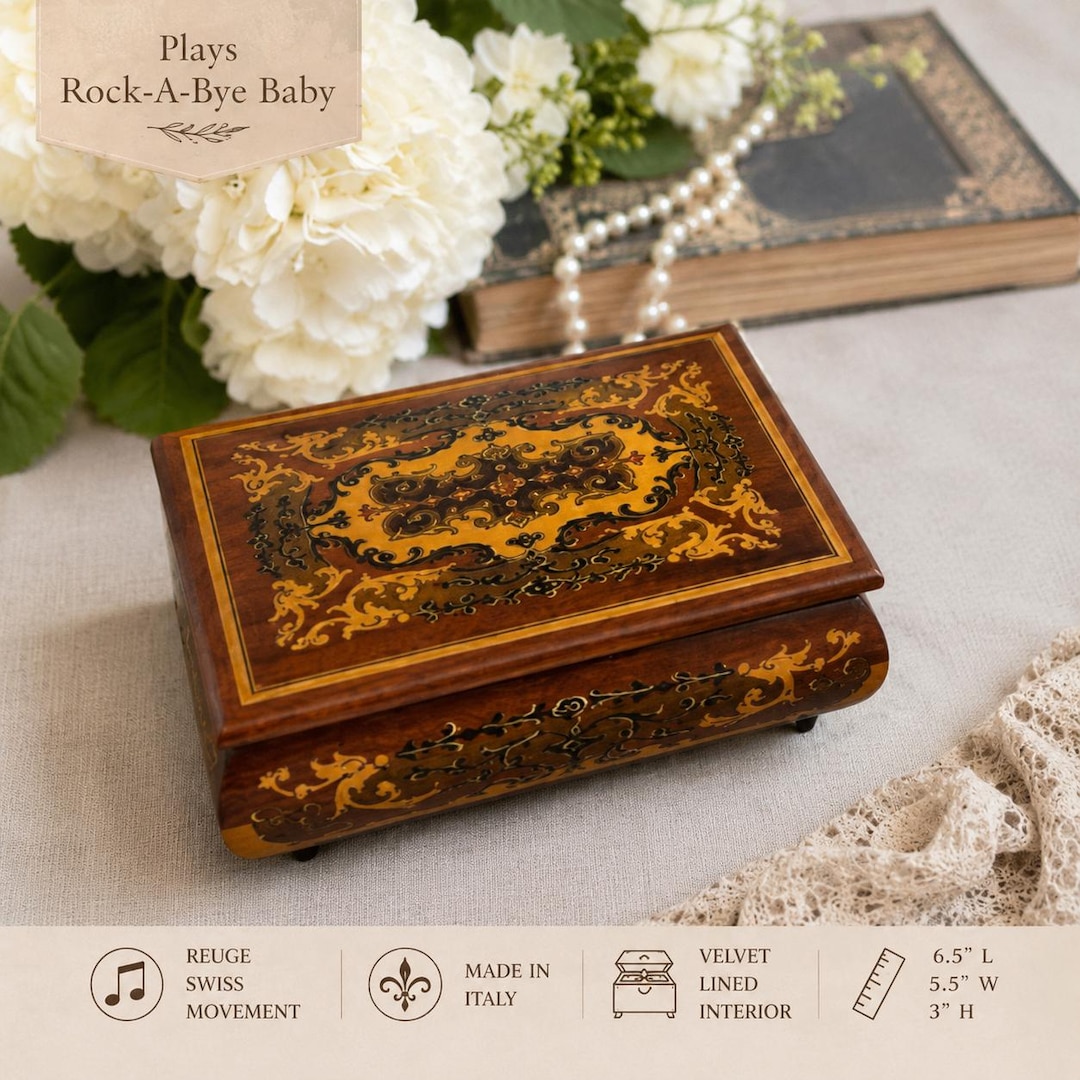 Vintage Italian Inlaid Wood Music Box: Reuge Swiss Movement, Rock