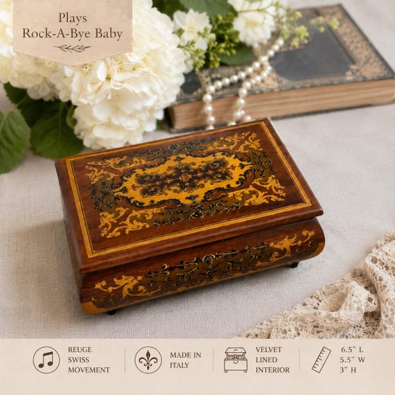 Vintage Italian Inlaid Wood Music Box: Reuge Swiss Movement, Rock