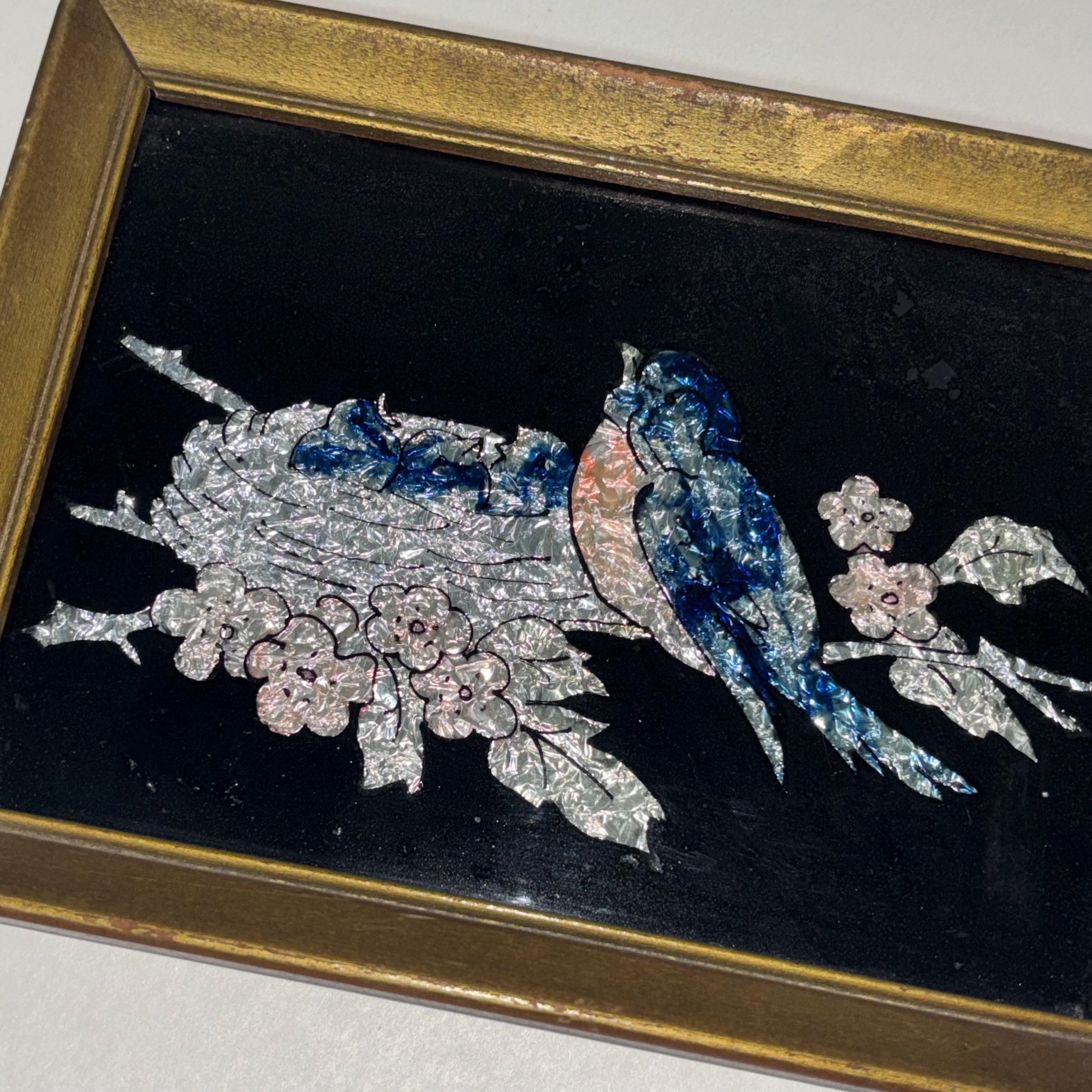 ヴィンテージ ティンセル アート 鳥の絵 青い鳥 花の枝 額入り壁飾り