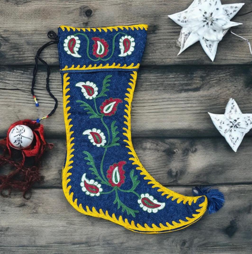 ヴィンテージ ウズベキスタン スザニ 手刺繍 両面 ブルー クリスマス