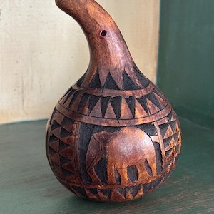 Vintage African Elephant Kenya Hand Carved Calabash Gourd Shaker 5.5” x 3.5”