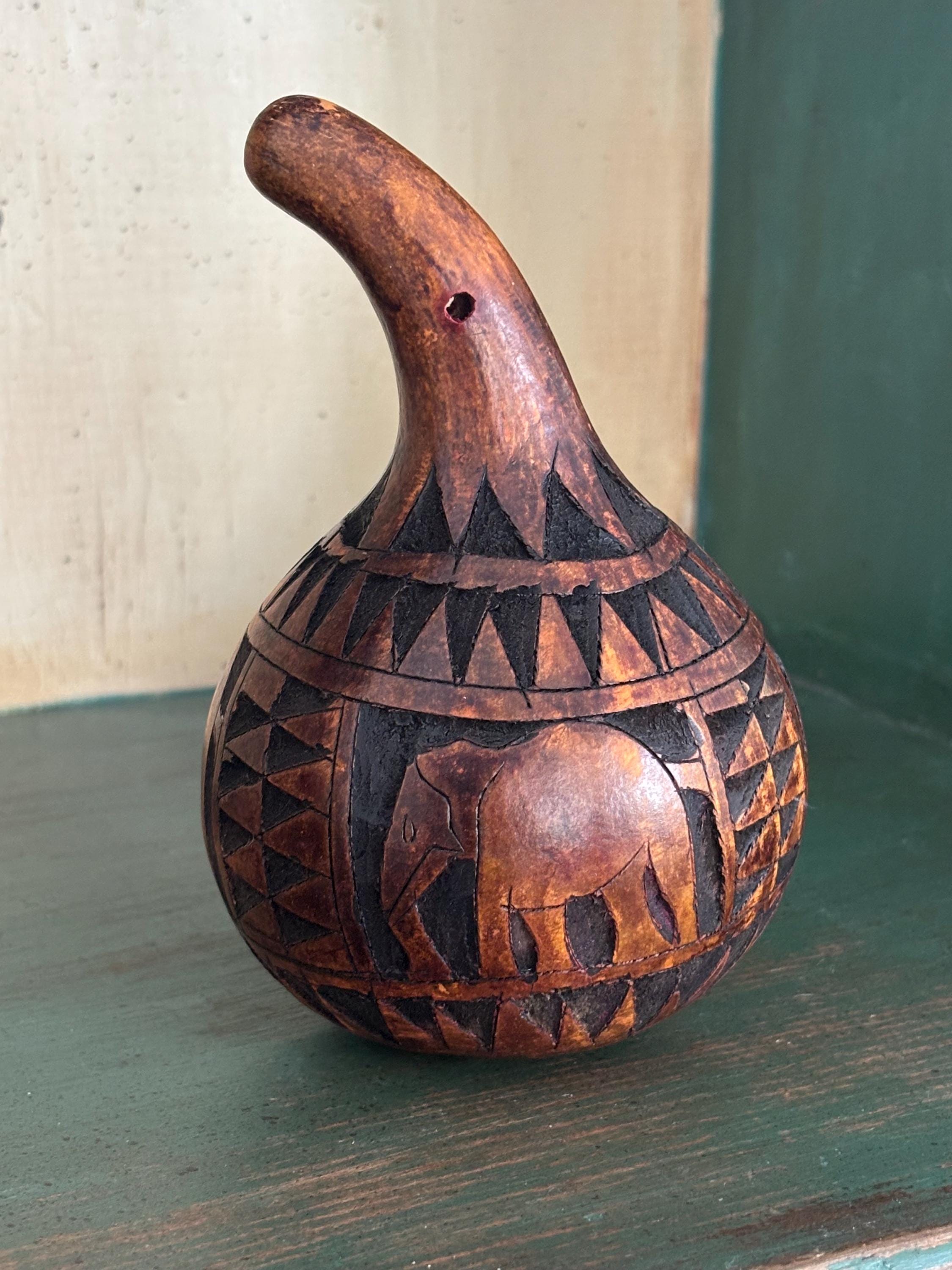 Vintage African Elephant Kenya Hand Carved Calabash Gourd Shaker