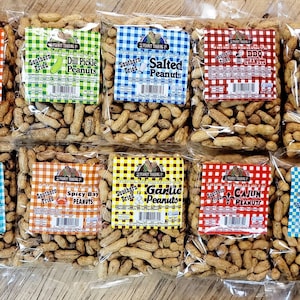 May include: Eight bags of Southern Fried Peanuts with various flavors: Hot, Dill Pickle, Salted, BBQ, Salt & Pepper, Ranch, Spicy Bay, Garlic, Cajun, and Sour Cream & Onion.
