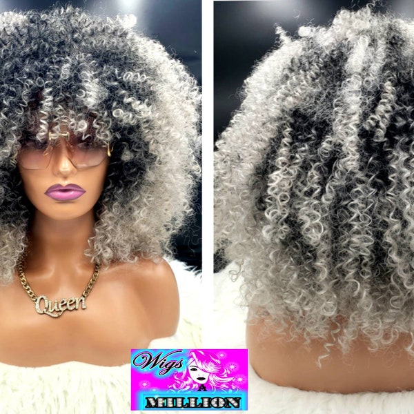 Macy Gray" Afro Curly Ombre grey/ Salt and Pepper Synthetic wig, Full Cap, Glueless Wig, Alopeica, Chemo, Hair loss