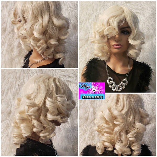 Marilyn Monroe" White Blonde Synthetic Wig With Bouncy Curls Bob Wig hair loss, alopeica chemo wig, full cap Cosplay Wig