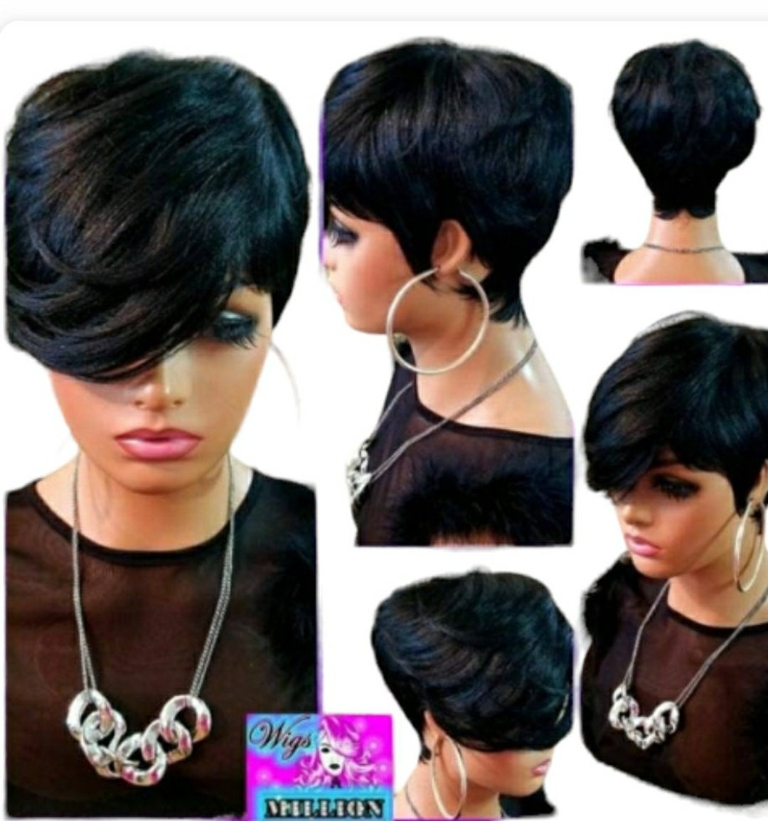 Alexy'' Black Short Pixie Layered Cut With Swoop Bang Synthetic Wig Wig,  Full Cap Wig, Black Wig, Full Cap Hair Loss, Alopeica, Chemo Wig, 