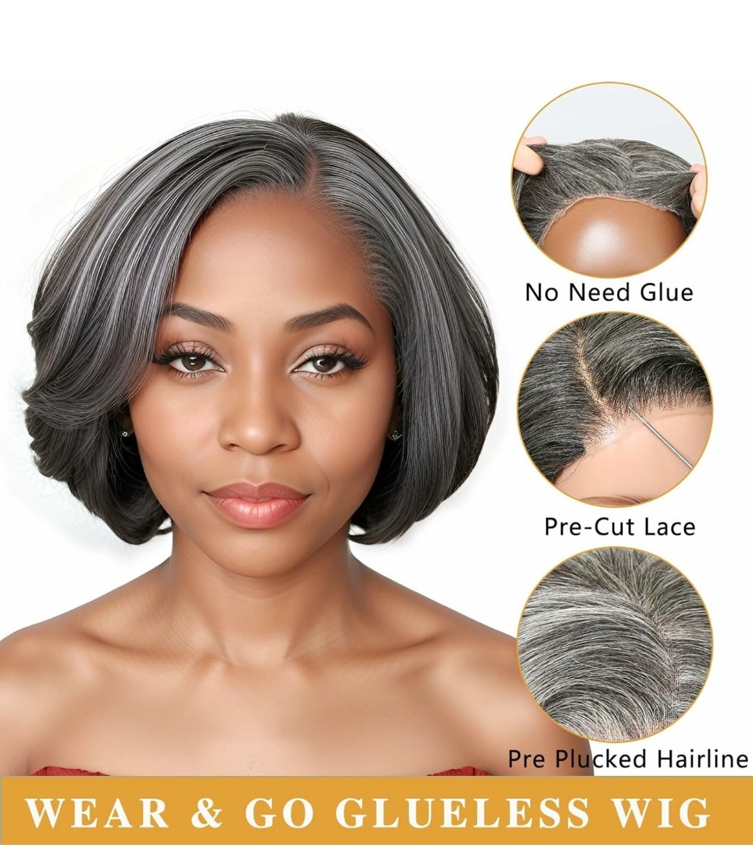 Josette Salt & Pepper Human Hair Wig, 100 Human Hair Grey Bob Wig, Glueless Wig, 5x5 Closure