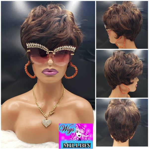 Teisha'' Brown Short Pixie Cut Heat Resistant Wig, Hair loss, Alopeica, Chemo Wig, Full Cap Glueless Wig, 100% human hair wig