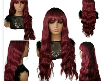 Susan" Red Wavy Wig with bangs, heat Resistant Long Wig, 24 inches, Glueless Wig, Full Cap Hair loss, Alopeica, Chemo Wig LONG Synthetic