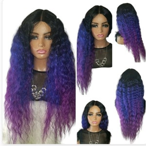 Kyomi" Kinky Curly Highlight Mixed Purple Blue Black Color 28" Long Synthetic Lace Part Wig, hair loss, alopeica chemo wig LONG Synthetic