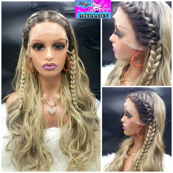 Hazel" 13X4 HD Deep Lace Frontal, W/Baby Hairs, Long Synthetic Wig with French Braids, Ash Blonde