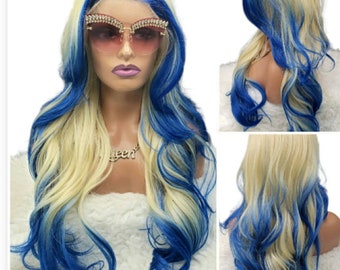 Sky' Blonde/Blue Long Synthetic Wig  Lace Front Wig, 5 inch deep part W/Baby Hair  Loose Curls Glueless Wig, Hair loss, Alopeica, Chemo Wig
