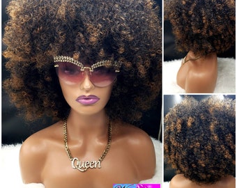 JoJo" #1b/30 Curly Afro Wig, heat resistant, bob wig, Glueless Wig hair loss, alopeica chemo Wig Synthetic Wig