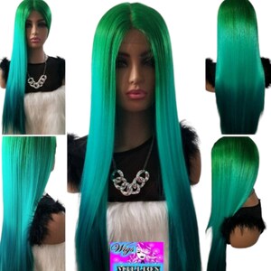 Wendy" Ombre Teal Green Synthetic Wig Middle Part Lace Front With Baby Hairs, Color Teal 30 inches Long Wig Hair loss, Alopeica, Chemo Wig,