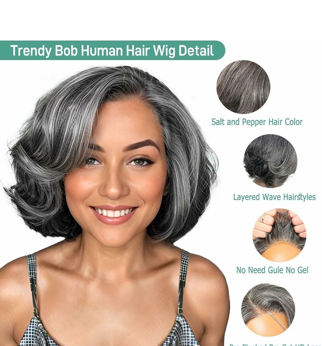 Josephine Salt & Pepper Human Hair Wig, 100 Human Hair Grey Bob Wig, Glueless Wig, 5x5 Closure