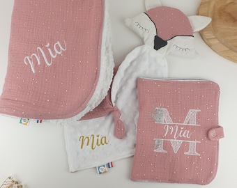 Personalisiertes Geburtsgeschenk aus doppelter Gaze / Personalisiertes Schmusetuch / Personalisierte Babydecke / Personalisierter Gesundheitsbuchschutz