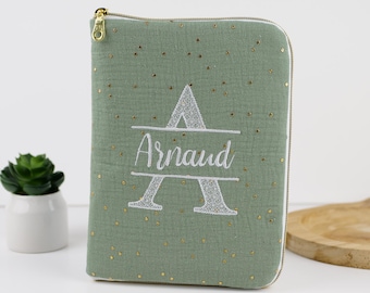Protection carnet de santé avec broderie | Personnalisé Prénom bébé | Fermeture éclair dorée