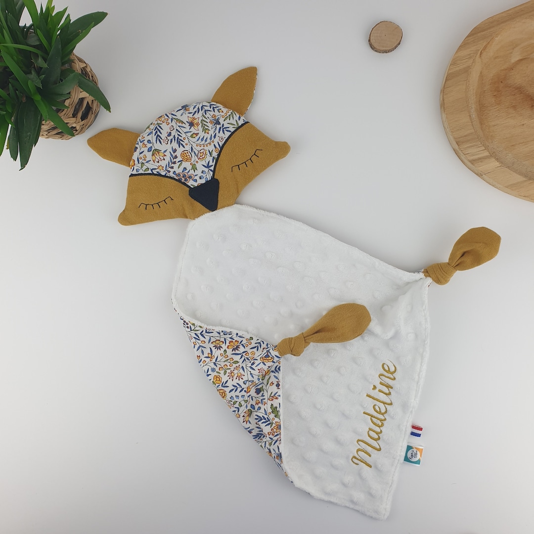 Doudou renard BROD?? personnalis?� Fleuri Jaune / Cadeau de naissance b?�b?� / Peluche bb 