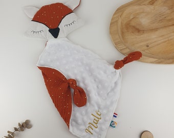 Doudou renard personnalisé en gaze de coton, cadeau de naissance fait main