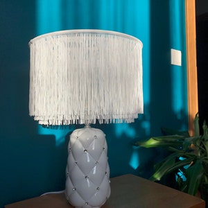 Ceramic table lamp, fringe lampshade, luxury lamp, hand made, home decor, upholstered lamp