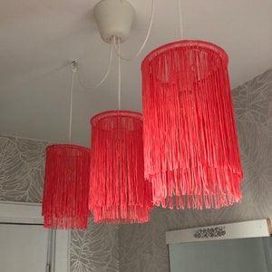 Tassel fringing lampshade, triple fringe lampshades in watermelon red, luxury lamp, fringe pendant