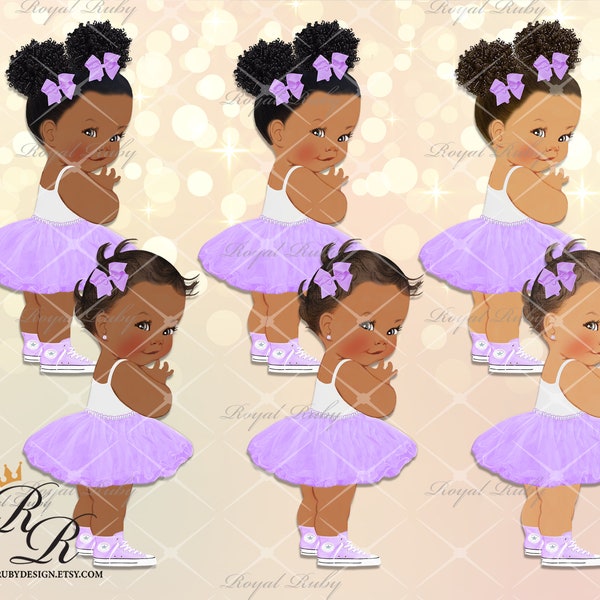 Baby ballerina purple tutu | Afro puffs | African American Baby | 3 skin tones | Baby shower decoration - Clipart Instant download - LG061