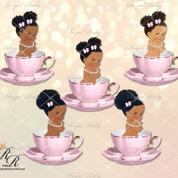 Baby Tea time | Teacup lavender pink | African American Baby | 3 skin tones | Tea party Baby shower - Clipart Instant download - LG357