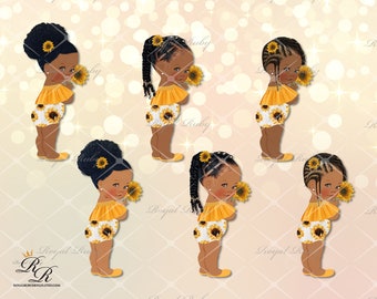 Sunflower princess girl white yellow gold | African American Baby | 2 skin tones | Baby shower decoration - Clipart Instant download - LG186