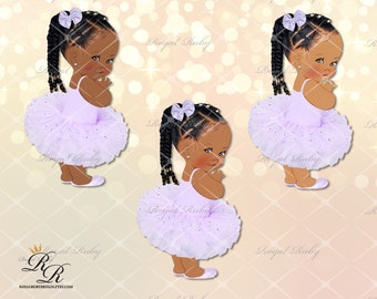 May include: Three illustrations of a young girl with dark brown skin wearing a lavender tutu with silver glitter. She has a ponytail with braids and a lavender bow. The background is a light peach color with a pattern of white circles.