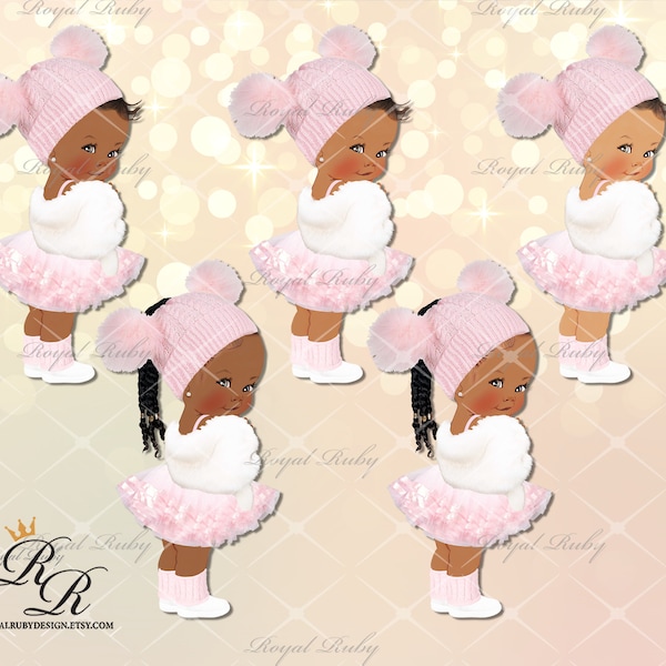 Baby girl winter wonderland princess pink ballerina| African American | 3 skin tones | Baby shower - Clipart Instant download - S035