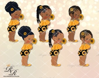 Sunflower princess girl black yellow gold | African American Baby | 2 skin tones | Baby shower decoration - Clipart Instant download - LG233