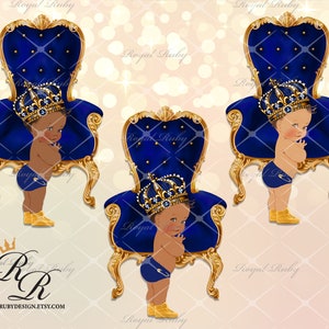 Royal prince baby boy blue gold throne |African American Baby | 3 skin tones | Baby shower decorations - Clipart Instant download - LB035
