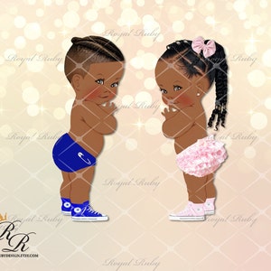 REVERSED Baby boy girl blue pink braids | African American Baby | Dark skin | Baby shower gender reveal - Clipart Instant download - LF059