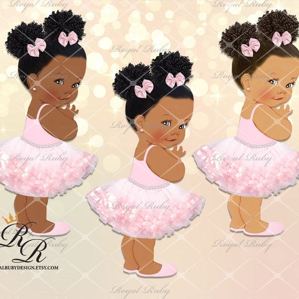 Pink Ballerina Girl with Afro Puff PNG Digital Download | 3 skin tones | African American Baby shower decorations - LG045