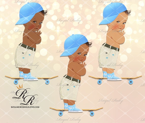 Baby Blue Skater Boy Skateboard African American Baby 3 Skin Tones.