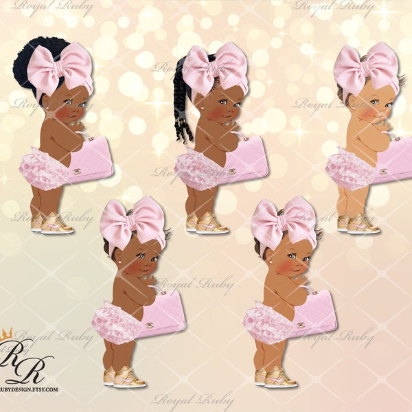 Pink baby girl fashion handbag hairbow | African American Baby | 3 skin tones | Baby shower decorations - Clipart Instant download - LG177
