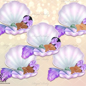 Sleeping Mermaid baby girl purple | African American Baby | baby shower decorations - Purple Mermaid - Clipart Instant download - LG087