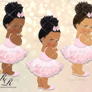 Pink ballerina baby girl afro puff | African American Baby | 3 skin tones | Baby shower decorations - Clipart Instant download - LG044