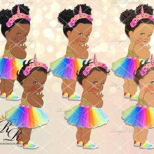 Unicorn ballerina princess | rainbow girl | African American Baby | 3 skin tones | Baby shower - Clipart Instant download - LG009